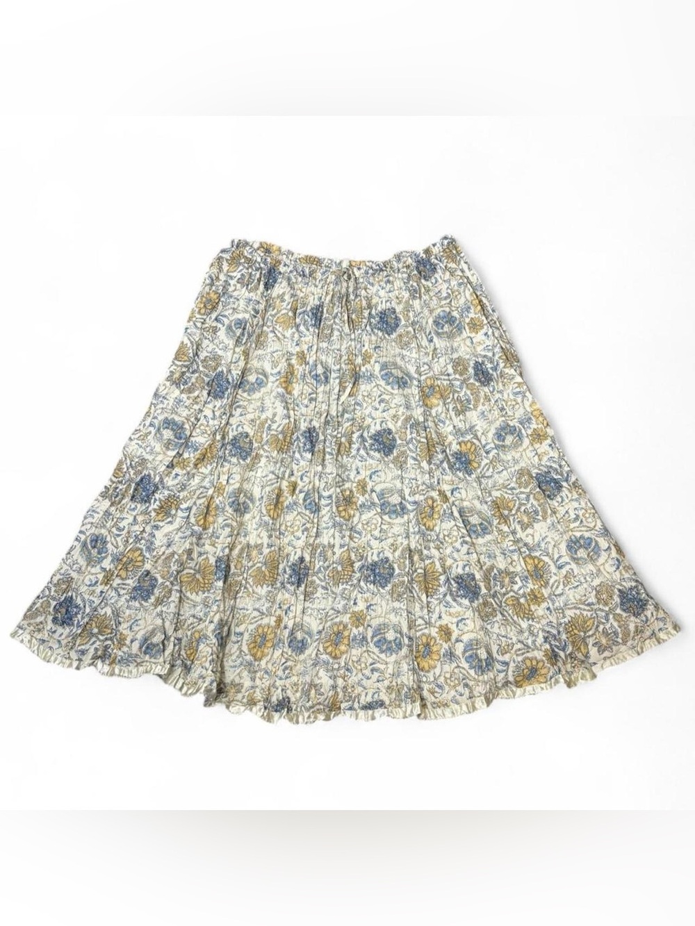 Vintage-inspired floral cotton flowy midi skirt featuring a ruffled hemline